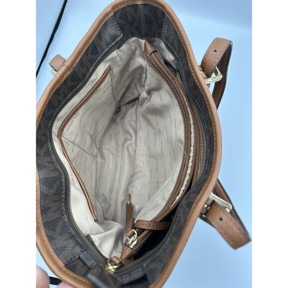 MICHAEL KORS Jet Set Medium Top Zip Signature Logo Tote Brown Luggage - Picture 5 of 10